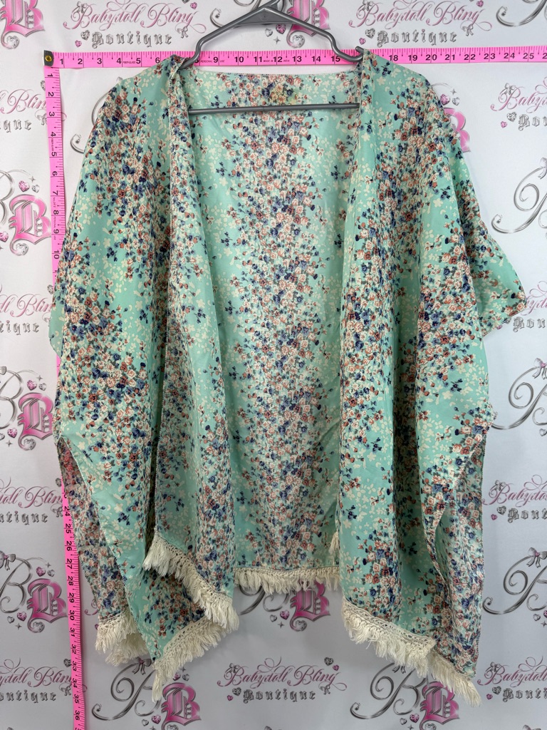 Cardigan Kimono Cover Up Flowers Tassel Hem Mint Floral Fringe Kimono